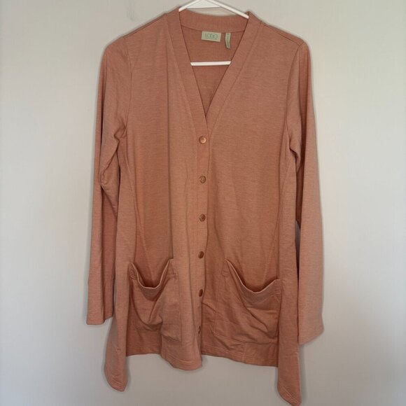 Logo Lori Goldstein Sweaters - LOGO by Lori Goldstein Sz XS Snap Up Cardigan Flared Peach Pockets Long Sleeve